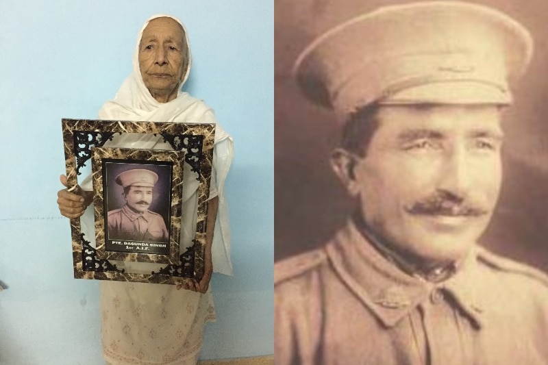 Indian woman holding photo of her father, an ANZAC soldier.