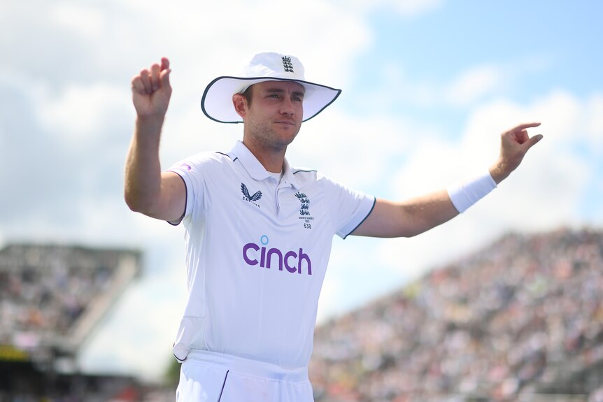 Stuart Broad motions to the crowd