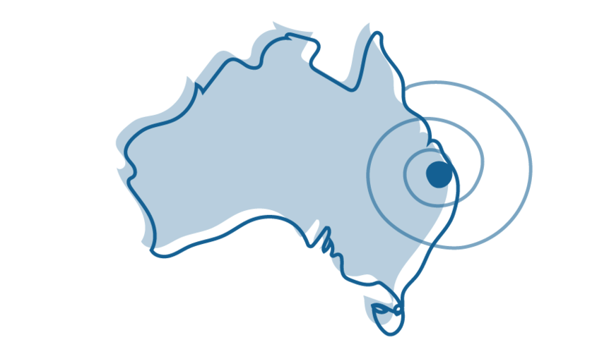 An illustration of a map of Australia that shows the area around South-East Queensland highlighted.