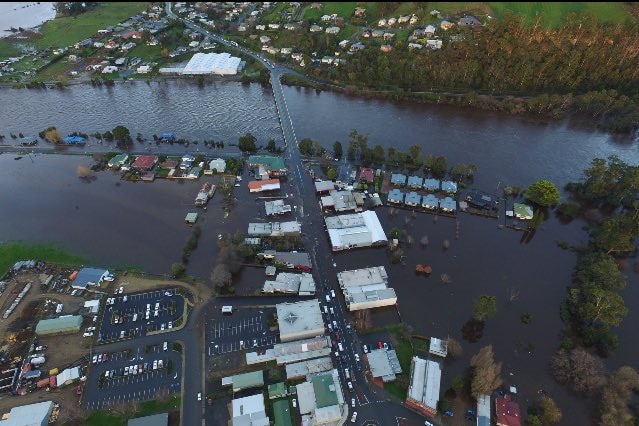 Aerial view of Huonville under flood