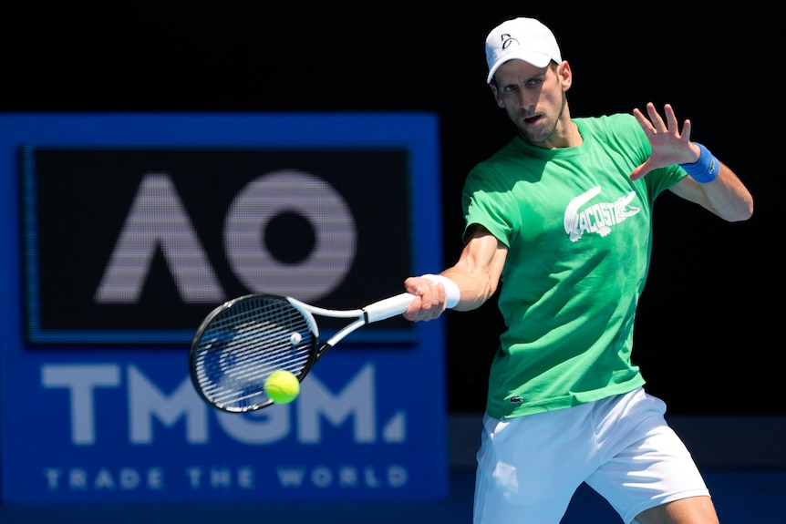 Novak Djokovic hits a forehand on the practice court