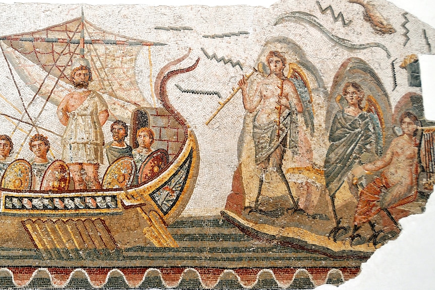 Mosaic of sirens flying over a ship full of sailors.
