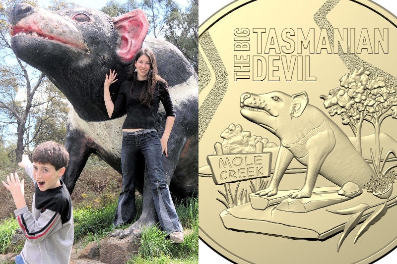 A giant tasmanian devil sculpture beside a gold coin. 