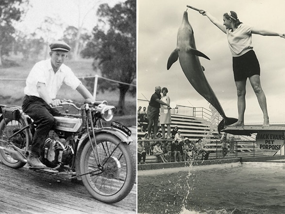 Jack Bain on a motorcycle (left) and daughter Cynthia O'Gorman playing with a dolphin(right)