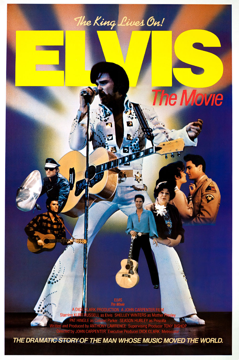 The poster include multiple images of Russell as Elvis, with the tagline "the dramatic story of the man who... moved the world".