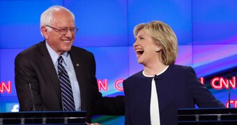 Bernie Sanders and Hillary Clinton during first Democratic Party debate.