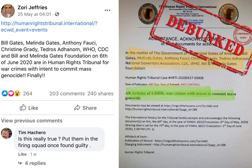 Facebook post claiming Bill Gates has been charged with war crimes with a large debunked stamp on top