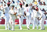 Australian batsman David Warner walks off as the West Indies team celebrate in the background.