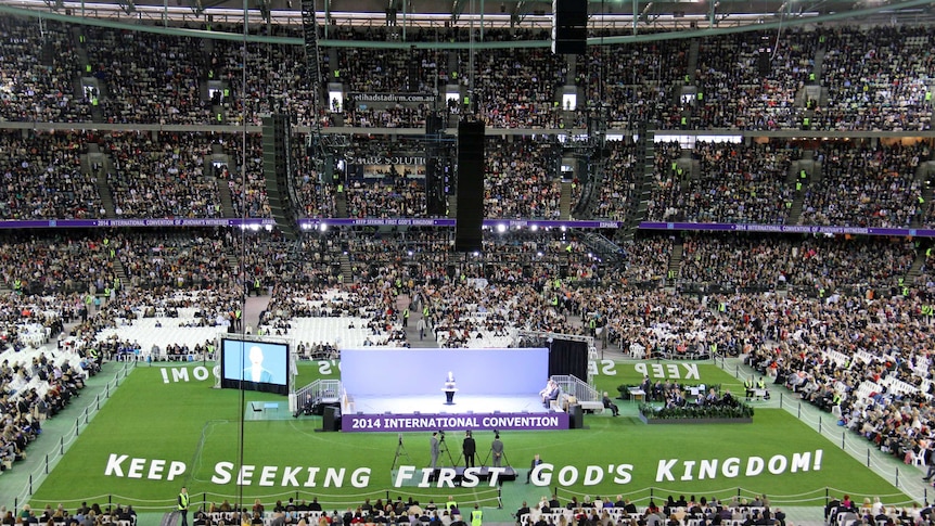 Tens of thousands of Jehovah's Witnesses gather at Melbourne's Docklands Stadium.