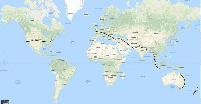 A map showing Charlie Condell's planned route for his around the world cycling trip.