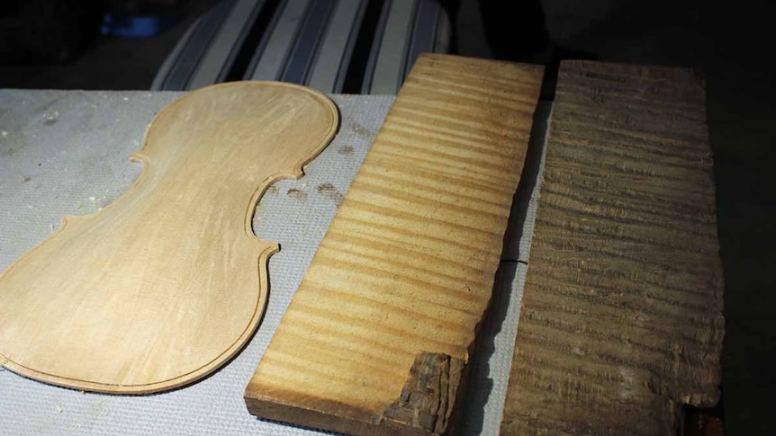 The front of a violin next to two blocks of wood.