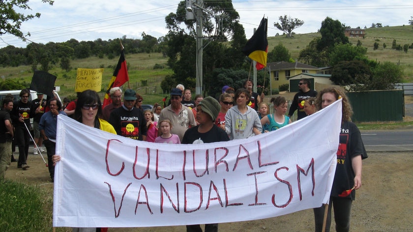 Aboriginal protesters at the site of the Brighton bypass, Tasmania.