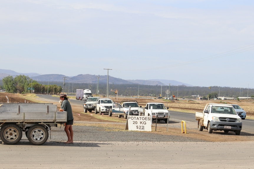 Cars line up on the side of the road in the Lockyer Valley waiting for waste vegetables from a packing shed.