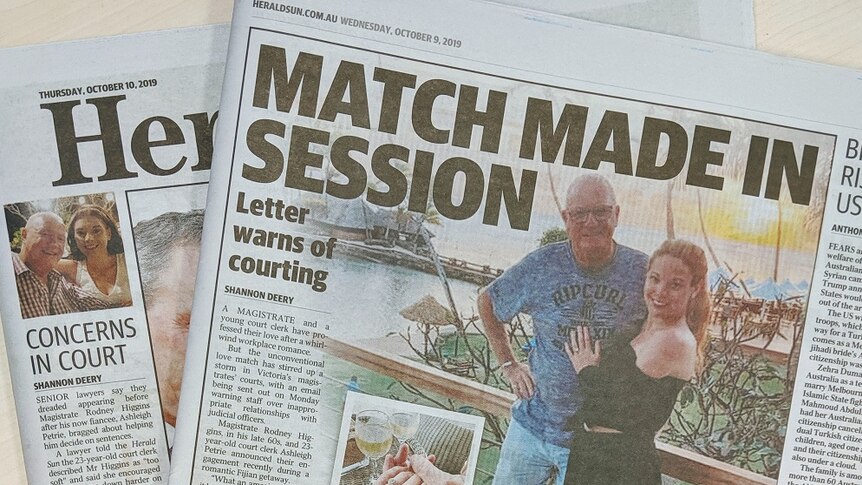 A screenshot of the front page of the Herald Sun on October 9. 2019 showing a story about Ashleigh Petrie and Rod Higgins.