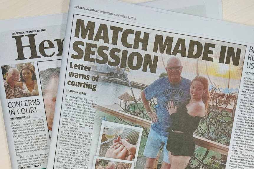 A screenshot of the front page of the Herald Sun on October 9. 2019 showing a story about Ashleigh Petrie and Rod Higgins.