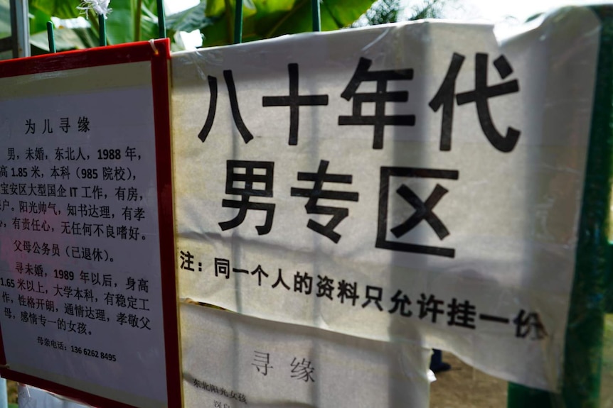 People look at match making notices at a park in Shenzhen, southern China.