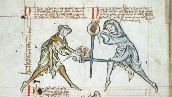 Medieval drawings of men fighting with swords