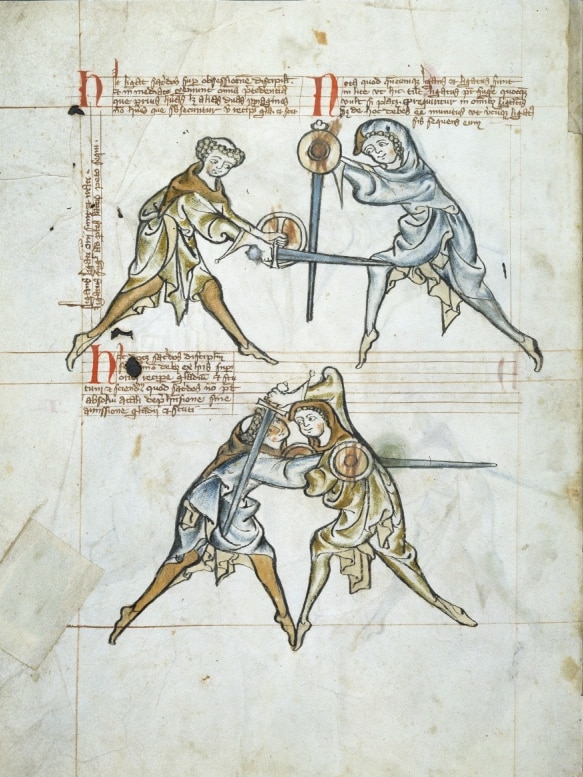 Medieval drawings of men fighting with swords