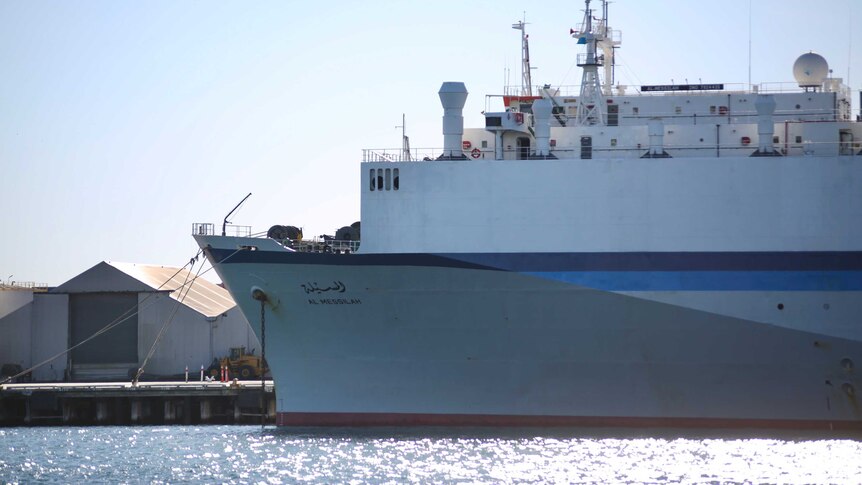 The Al Messiilah docked in Fremantle ahead of its journey to the Middle East.