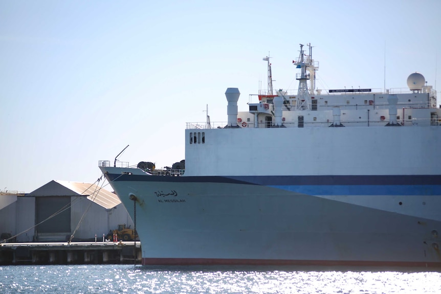 The Al Messiilah docked in Fremantle ahead of its journey to the Middle East.