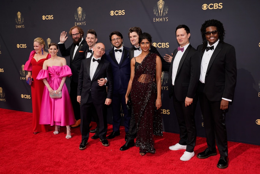 The team from "The Late Show with Stephen Colbert" on the Emmy's red carpet