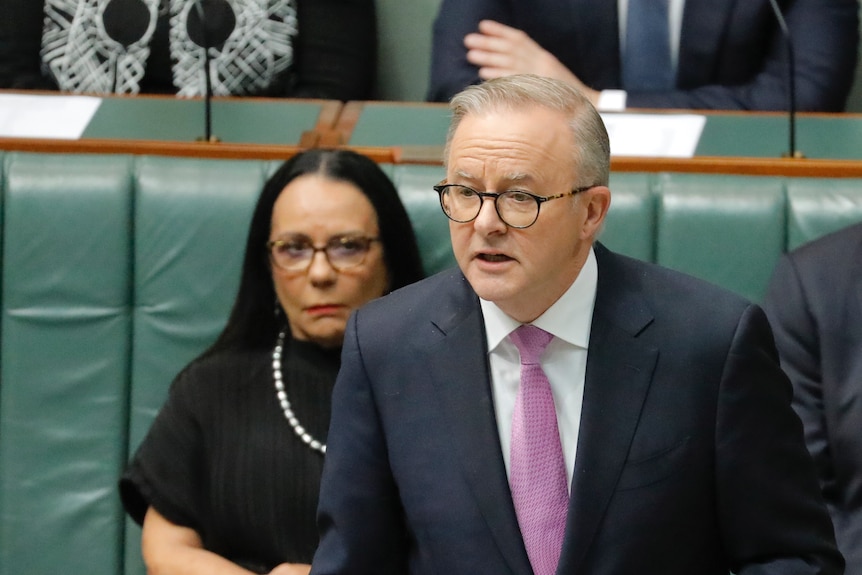 A man in a dark navy suit and pink tie speaks in parliament, with an Indigenous female minister sitting behind, watching on