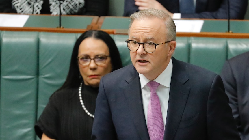 A man in a dark navy suit and pink tie speaks in parliament, with an Indigenous female minister sitting behind, watching on