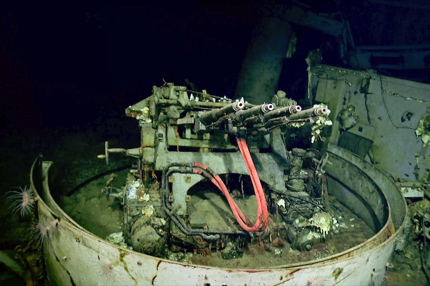 A picture of anti-aircraft guns at the wreckage of the USS Hornet.