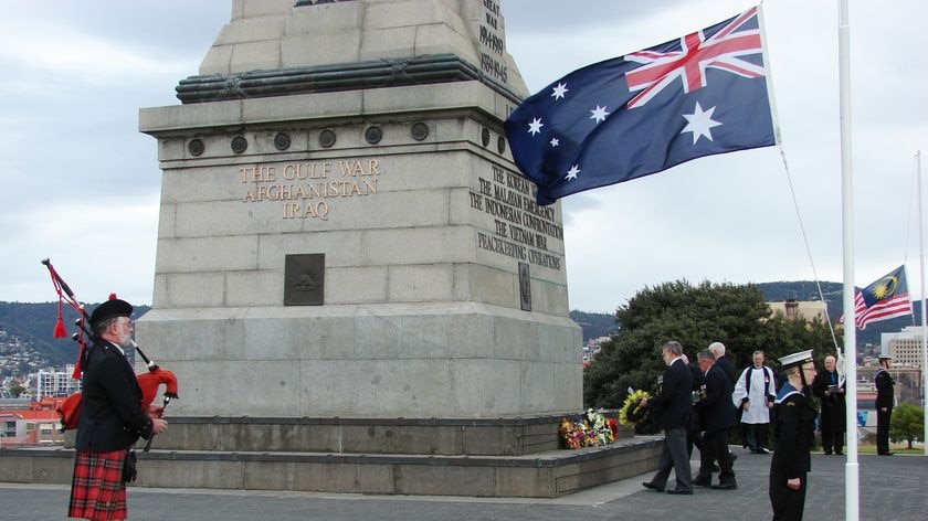 Veterans of the Malayan Emergency lay wreaths at the Cenotaph in Hobart