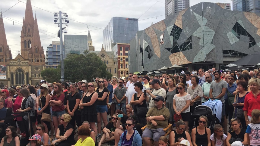 Crowds in Federation Square.