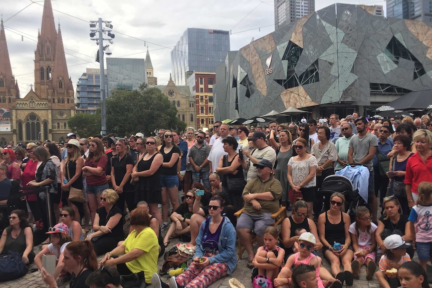 Crowds in Federation Square.