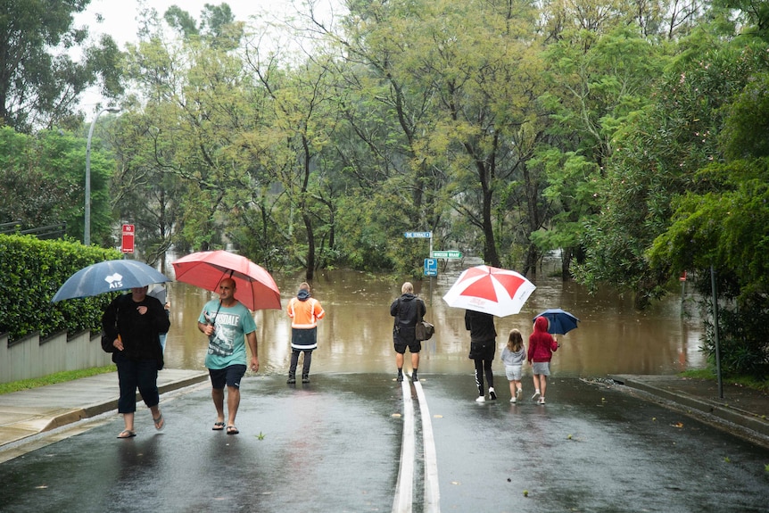 People with unbrellas stand beside a flooded road.