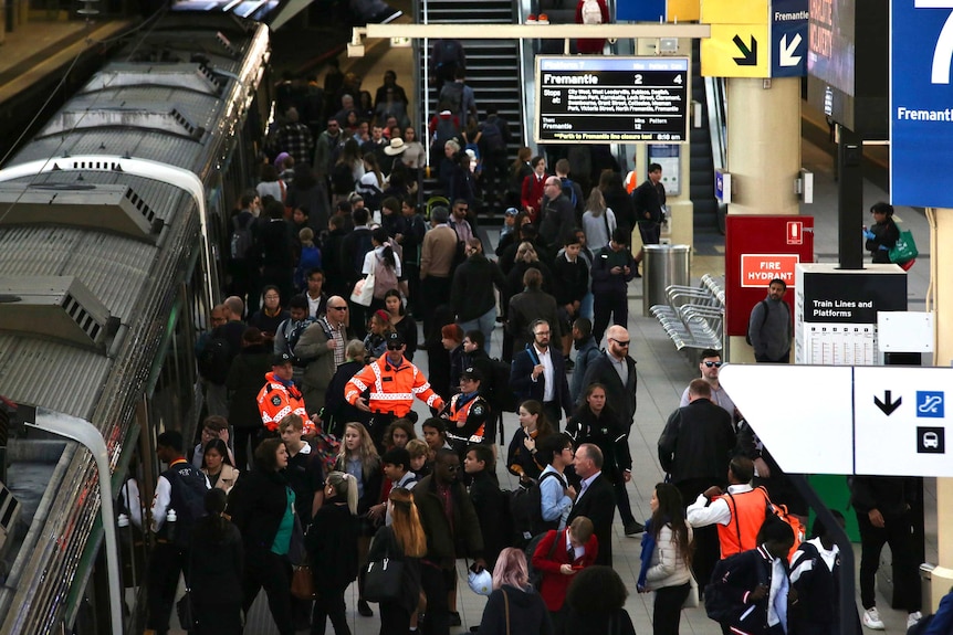 A crowd of commuters mill around a train at a station.