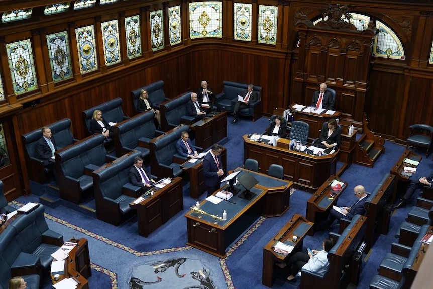 A wide shot of Ben Wyatt speaking in the WA Parliament.