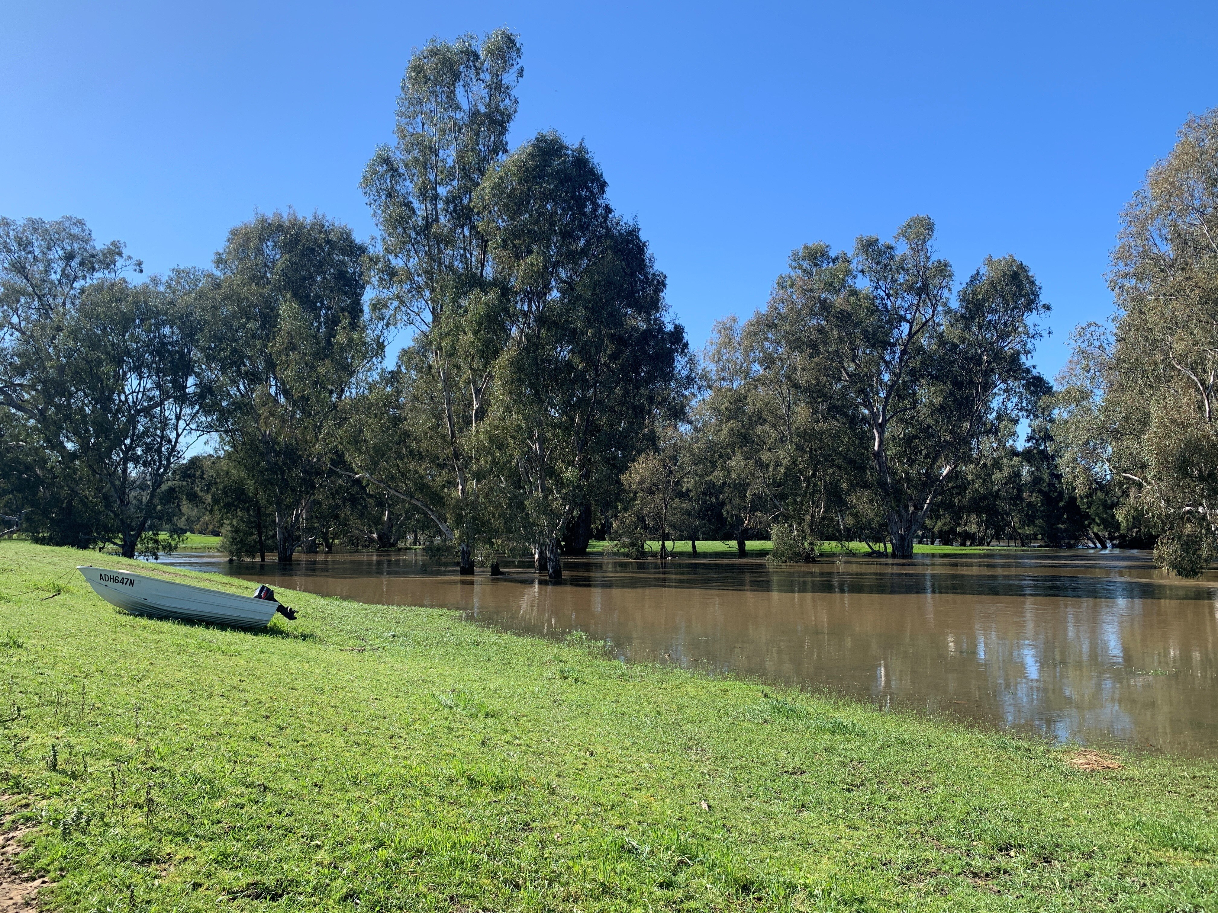 A boat rests on higher ground next to floodwaters. 