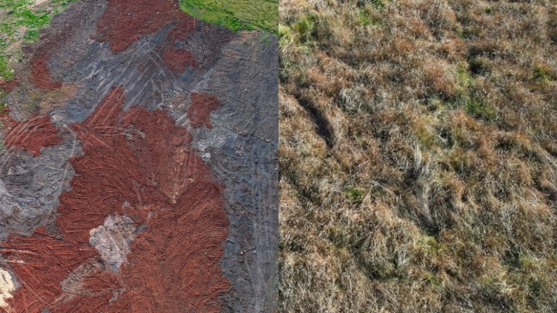 One drone picture shows land covered in soil, with another picture showing grasslands it had looked like