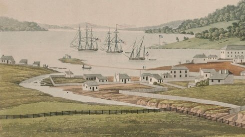 Old painting of Hobart settlement in 1819.