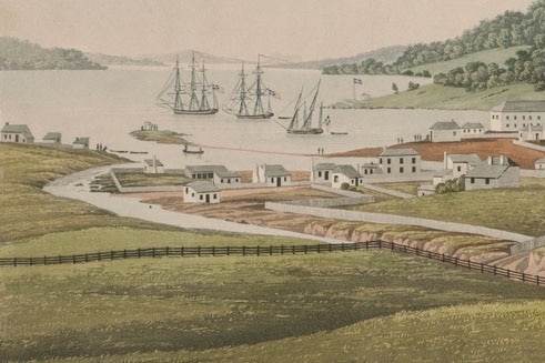 Old painting of Hobart settlement in 1819.