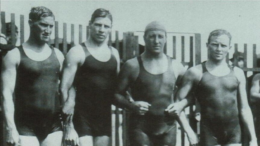 The winning Australian 4x200 metre relay team pose poolside at the 1912 Stockholm Olympics
