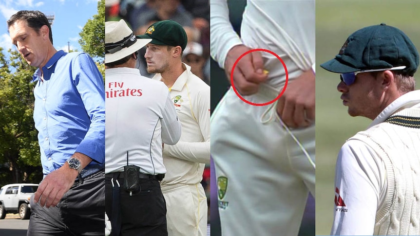 Composite of Steve Smith, Cameron Bancroft, James Sutherland and the ball tampering incident