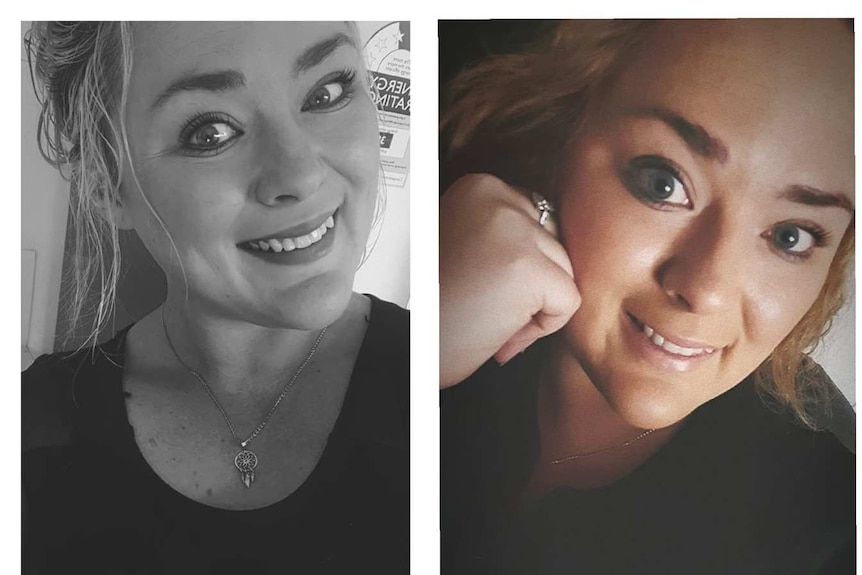 Three different selfies of a young blonde woman who was killed in a workplace accident.
