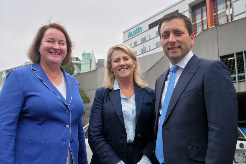 Mary Wooldridge, Ivanhoe Liberal candidate Monica Clark and Matthew Guy outside the Austin Hospital.