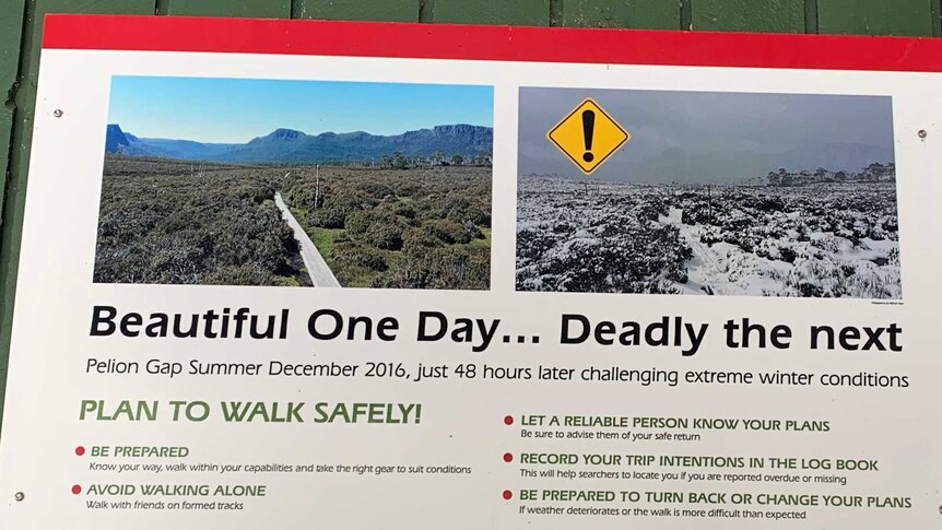 Bushwalkers warning sign in Tasmania