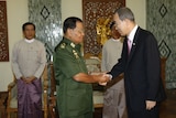 UN secretary-general Ban Ki-moon (R) meets Burma junta leader Than Shwe in Naypyidaw on July 4, 2009.