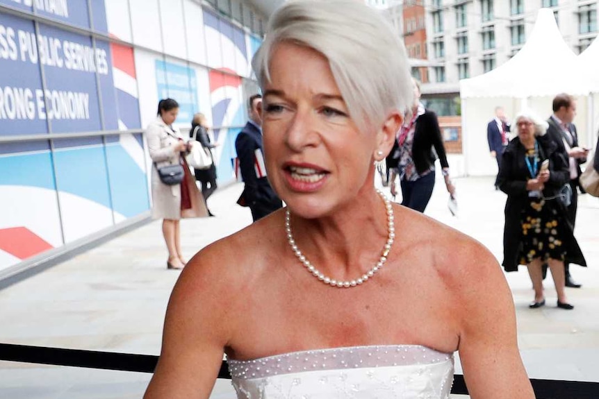 Katie Hopkins arrives wearing in a wedding dress at the Conservative Party's conference in 2017.