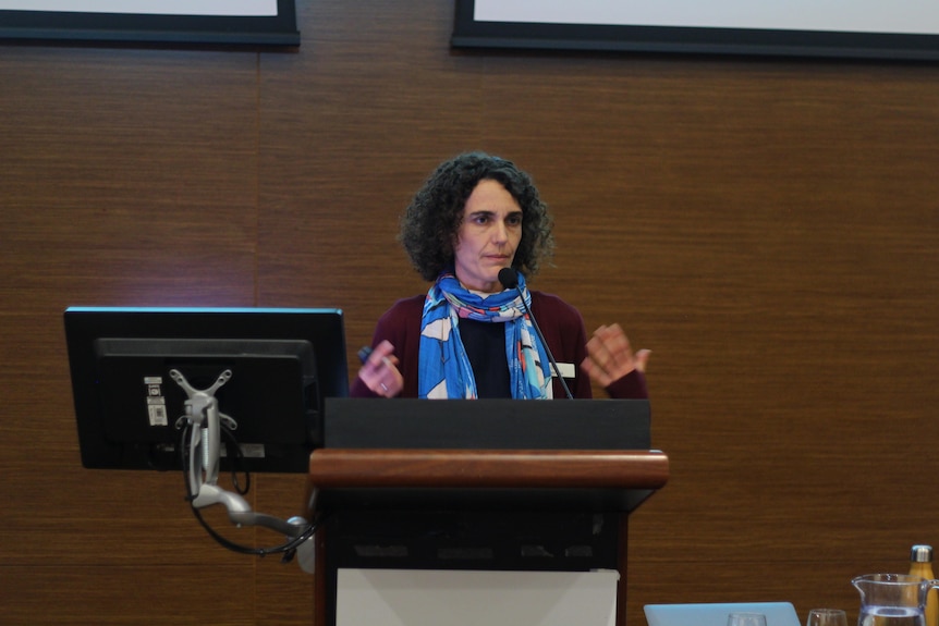 A woman with jaw length curly hair and a blue scarf stands at a podium addressing the room 