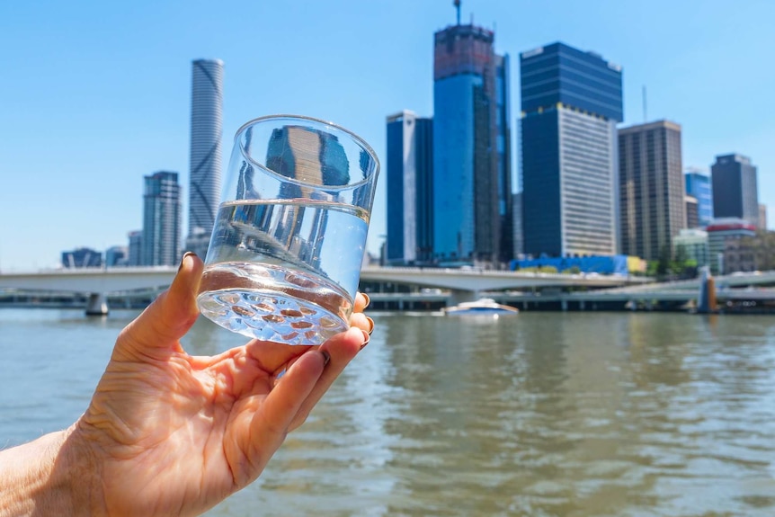 A glass filled with water in front of the Brisbane skyline.