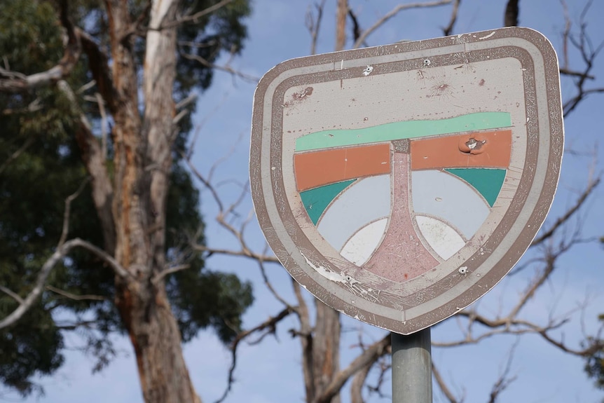 Close up of a street sign with a stylised volcano