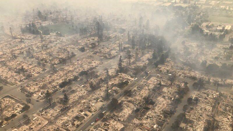 An aerial photo of the devastation left behind from the North Bay wildfires.
