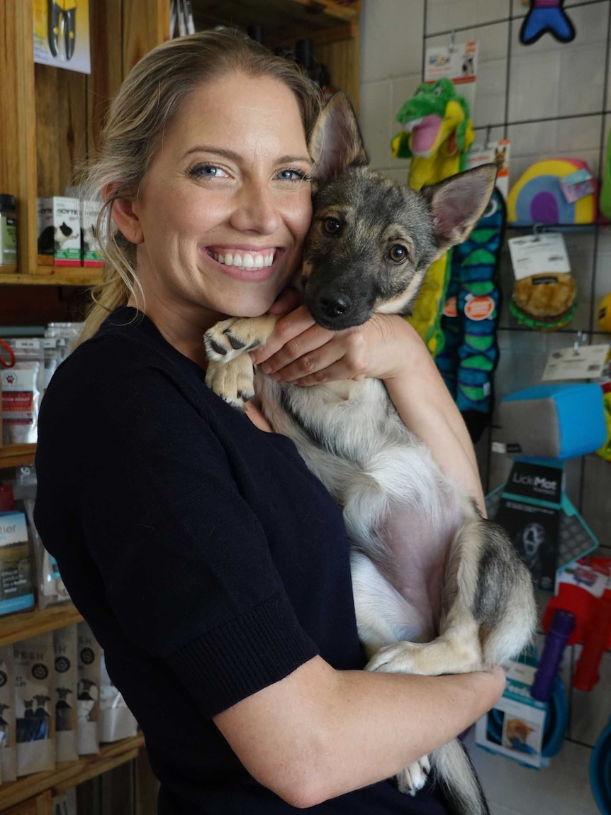 Young veterinarian woman has a wide grin while she holds a small puppy close to her in a clinic.